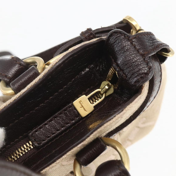 Salvatore Ferragamo Gancini Hand Bag Leather Canvas 2way Beige Gold Auth ka1671