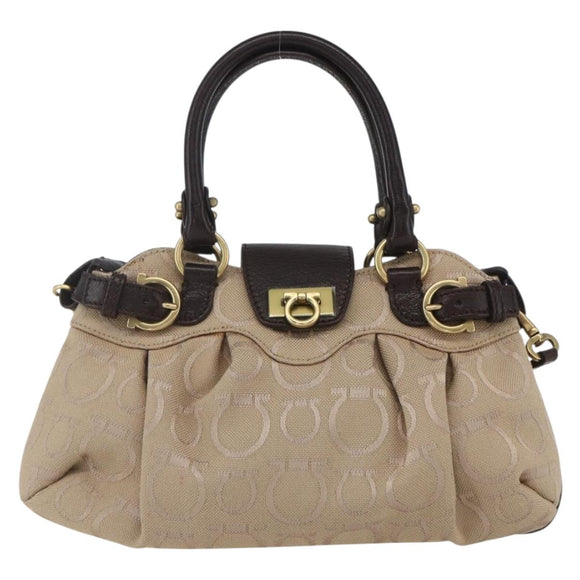 Salvatore Ferragamo Gancini Hand Bag Leather Canvas 2way Beige Gold Auth ka1671