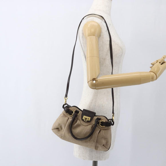 Salvatore Ferragamo Gancini Hand Bag Leather Canvas 2way Beige Gold Auth ka1671