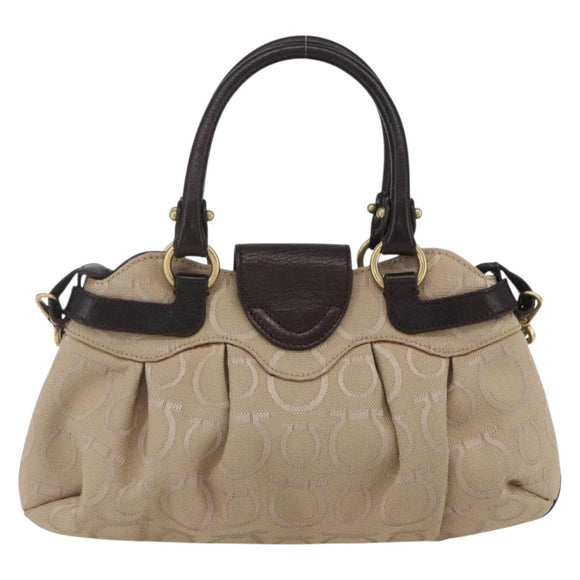 Salvatore Ferragamo Gancini Hand Bag Leather Canvas 2way Beige Gold Auth ka1671