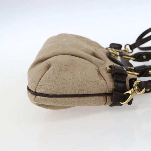 Salvatore Ferragamo Gancini Hand Bag Leather Canvas 2way Beige Gold Auth ka1671