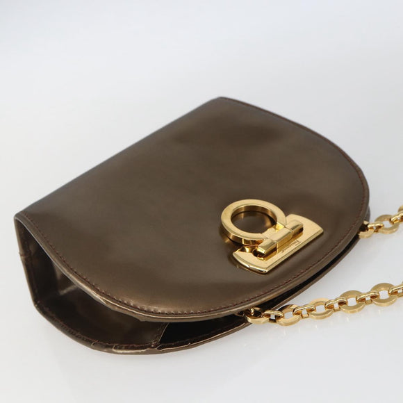 Salvatore Ferragamo Chain Gancini Shoulder Bag Patent leather Gold Auth ka1672