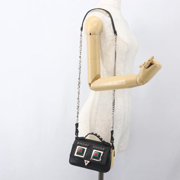 FENDI Chain Double Micro Baguette Bag Leather 2way Black Beige Auth ka1695M