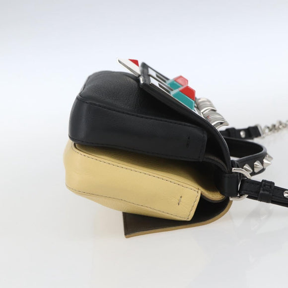 FENDI Chain Double Micro Baguette Bag Leather 2way Black Beige Auth ka1695M