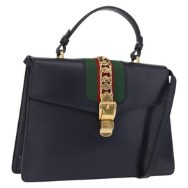 GUCCI Silvi Web Sherry Line Hand Bag Leather 2way Navy Gold 431665 Auth ka1697V