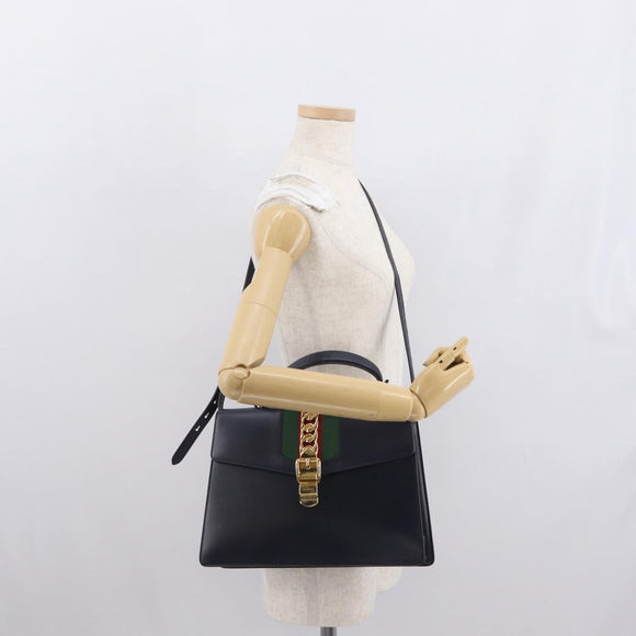 GUCCI Silvi Web Sherry Line Hand Bag Leather 2way Navy Gold 431665 Auth ka1697V