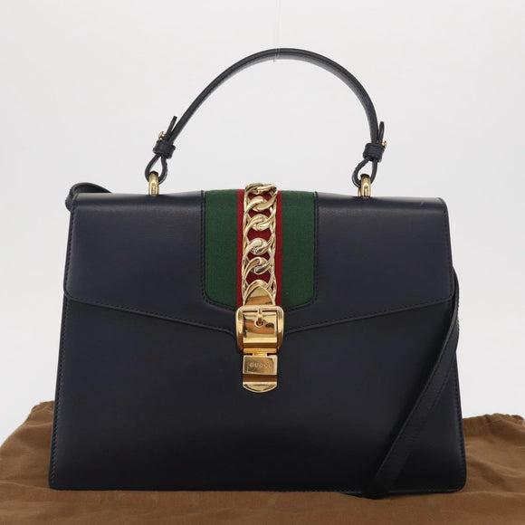 GUCCI Silvi Web Sherry Line Hand Bag Leather 2way Navy Gold 431665 Auth ka1697V