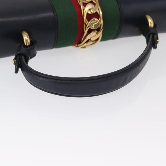 GUCCI Silvi Web Sherry Line Hand Bag Leather 2way Navy Gold 431665 Auth ka1697V