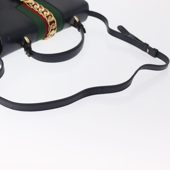 GUCCI Silvi Web Sherry Line Hand Bag Leather 2way Navy Gold 431665 Auth ka1697V