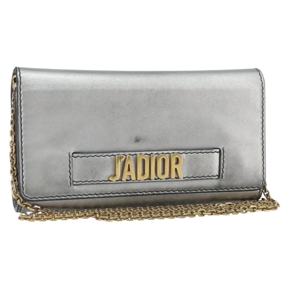 Christian Dior Chain Wallet Schoudertas Leer Zilver Goud Auth ka1712V