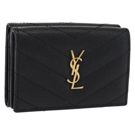 SAINT LAURENT Trifold Wallet Leather Black Gold Auth ka1736V