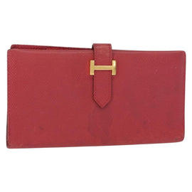 HERMES Bean Wallet Leather Red Auth ka175