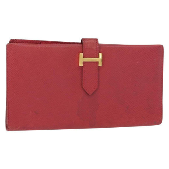 HERMES Bean Wallet Leather Red Auth ka175