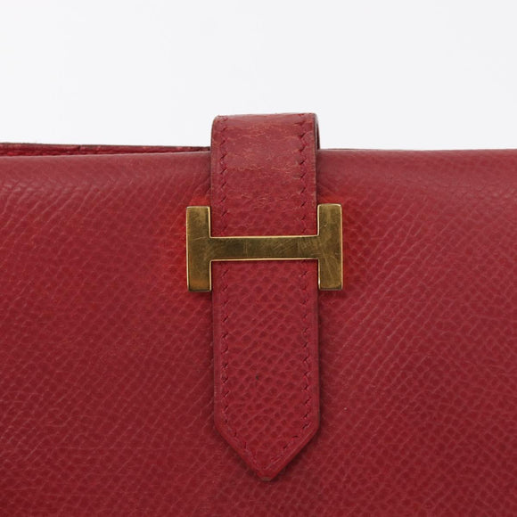 HERMES Bean Wallet Leather Red Auth ka175