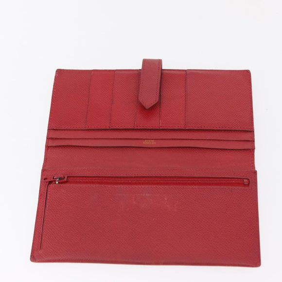 HERMES Bean Wallet Leather Red Auth ka175