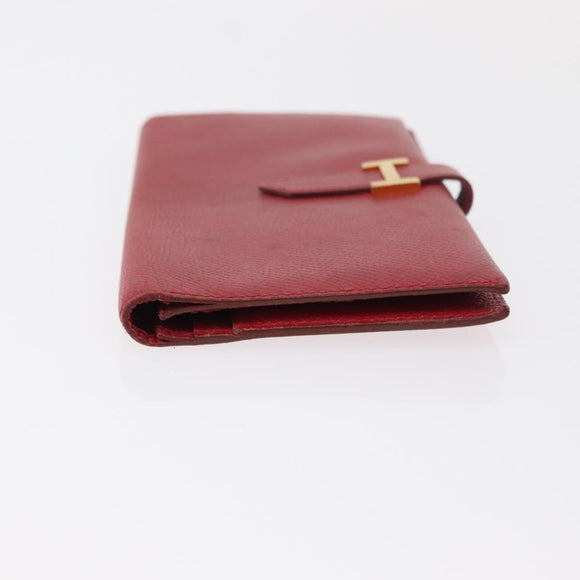 HERMES Bean Wallet Leather Red Auth ka175
