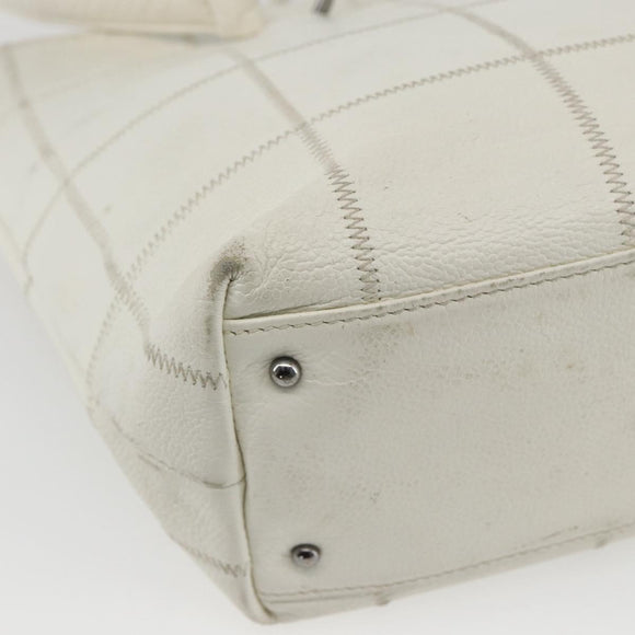 CHANEL Choco Bar Tote Bag Leather White Silver CC Auth ka1815