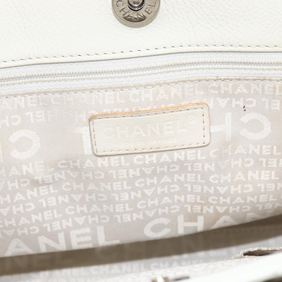 CHANEL Choco Bar Tote Bag Leather White Silver CC Auth ka1815