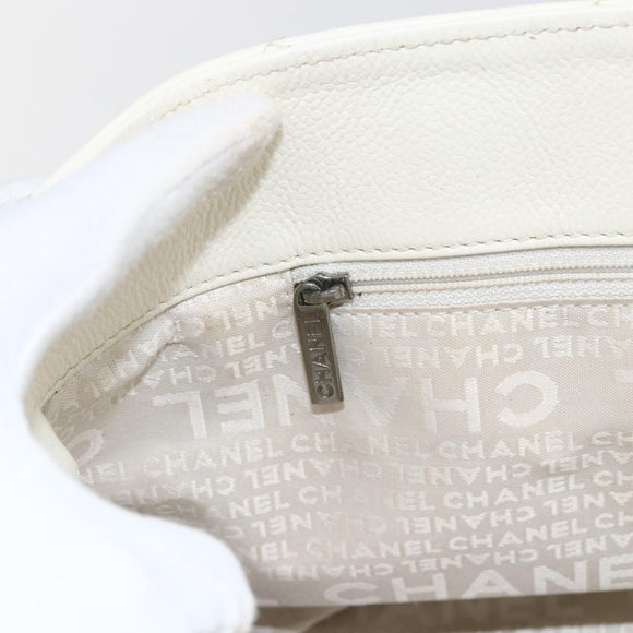 CHANEL Choco Bar Tote Bag Leather White Silver CC Auth ka1815