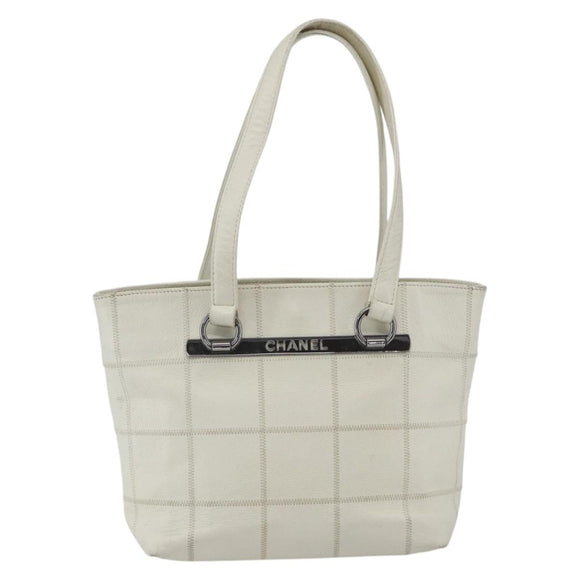 CHANEL Choco Bar Tote Bag Leather White Silver CC Auth ka1815