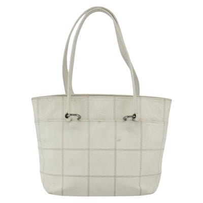 CHANEL Choco Bar Tote Bag Leather White Silver CC Auth ka1815 - 0