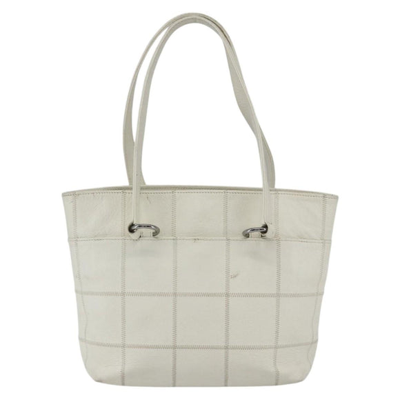 CHANEL Choco Bar Tote Bag Leather White Silver CC Auth ka1815