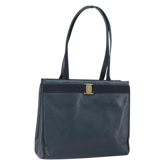 Salvatore Ferragamo Vala Tote Bag Leather Blue Gold Auth ka1850