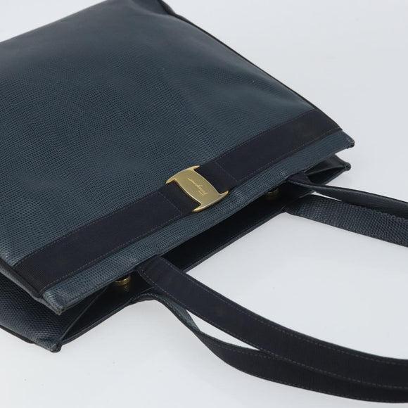 Salvatore Ferragamo Vala Tote Bag Leather Blue Gold Auth ka1850