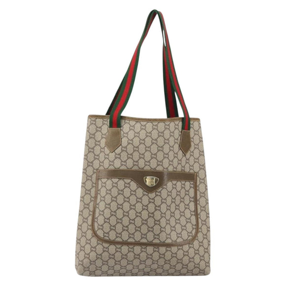 GUCCI GG Plus Supreme Web Sherry Line Tote Bag PVC Beige Gold Auth ka1861