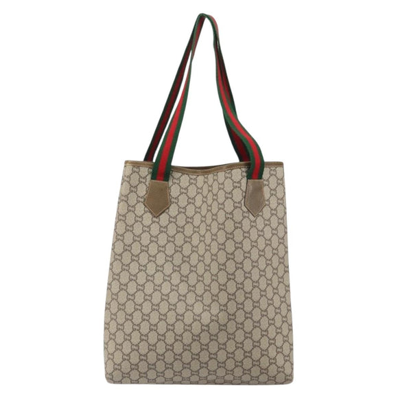 GUCCI GG Plus Supreme Web Sherry Line Tote Bag PVC Beige Gold Auth ka1861