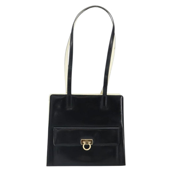 Salvatore Ferragamo Gancini Tote Bag Patent leather Black Gold Auth ka1865