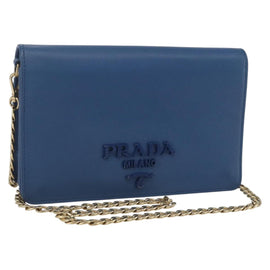 PRADA Chain Wallet Shoulder Bag Leather Blue Gold Auth ka1886V