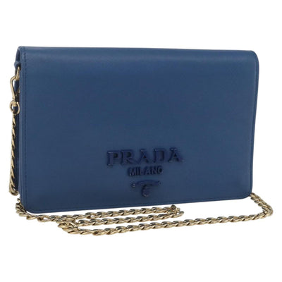 PRADA Chain Wallet Shoulder Bag Leather Blue Gold Auth ka1886V