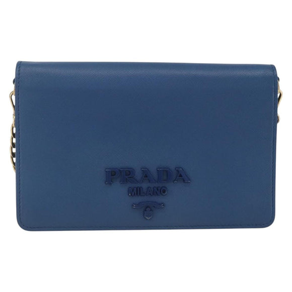 PRADA Chain Wallet Shoulder Bag Leather Blue Gold Auth ka1886V