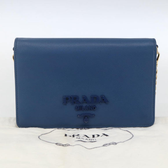 PRADA Chain Wallet Shoulder Bag Leather Blue Gold Auth ka1886V