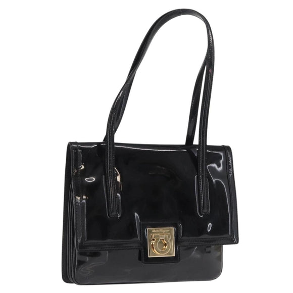 Salvatore Ferragamo Gancini Shoulder Bag Patent leather Gold Black Auth ka1897