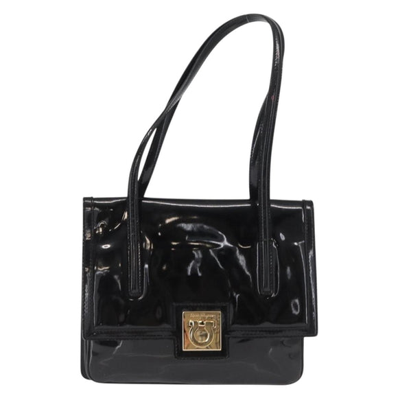 Salvatore Ferragamo Gancini Shoulder Bag Patent leather Gold Black Auth ka1897