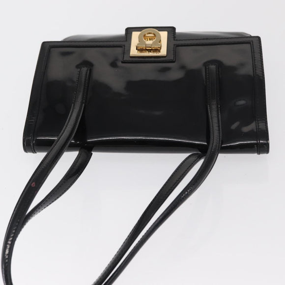 Salvatore Ferragamo Gancini Shoulder Bag Patent leather Gold Black Auth ka1897