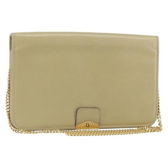Christian Dior Chain Shoulder Bag Leather Beige Gold Auth ka1945