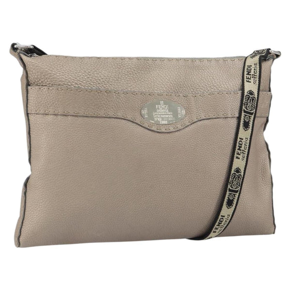 FENDI Celeria Shoulder Bag Leather Beige Silver Auth ka1948