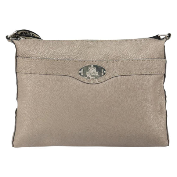 FENDI Celeria Shoulder Bag Leather Beige Silver Auth ka1948