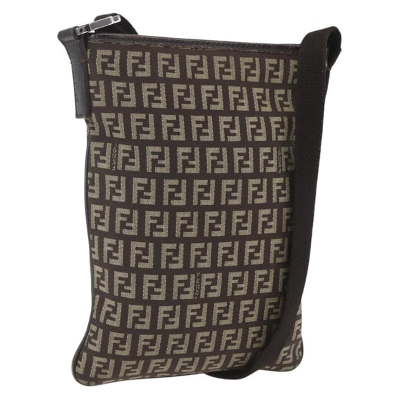 FENDI Zucchino Canvas Shoulder Bag Brown Silver Auth ka1960