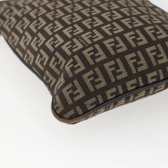 FENDI Zucchino Canvas Shoulder Bag Brown Silver Auth ka1960