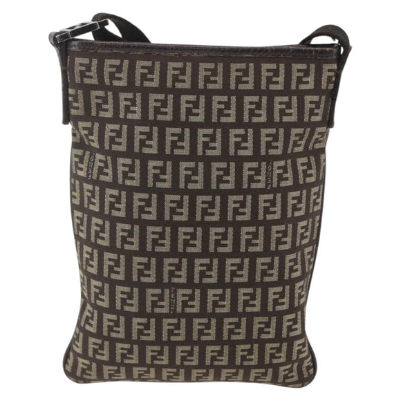 FENDI Zucchino Canvas Shoulder Bag Brown Silver Auth ka1960