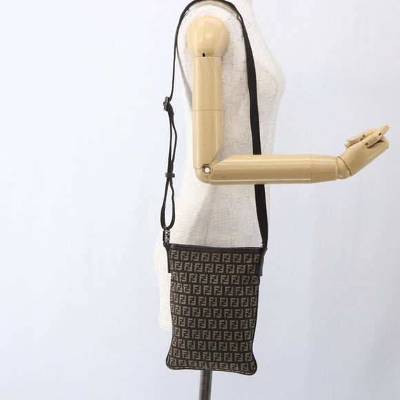 FENDI Zucchino Canvas Shoulder Bag Brown Silver Auth ka1960