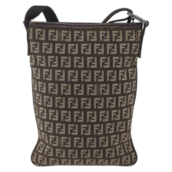 FENDI Zucchino Canvas Shoulder Bag Brown Silver Auth ka1960