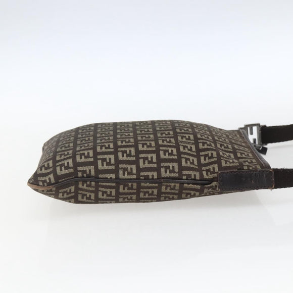 FENDI Zucchino Canvas Shoulder Bag Brown Silver Auth ka1960