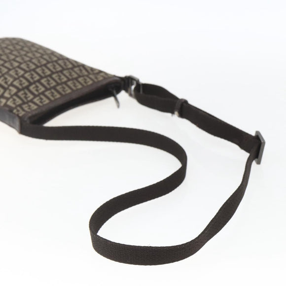FENDI Zucchino Canvas Shoulder Bag Brown Silver Auth ka1960