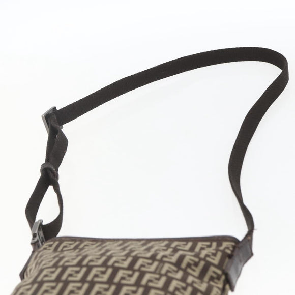 FENDI Zucchino Canvas Shoulder Bag Brown Silver Auth ka1960
