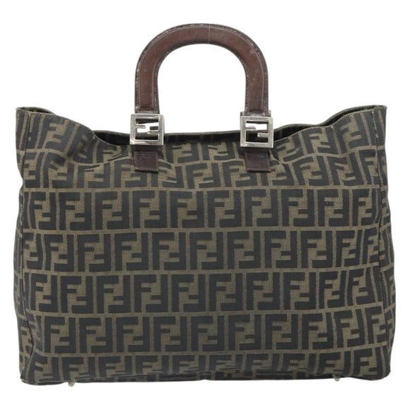 FENDI Zucca Canvas Hand Bag Brown Black Silver Auth ka1974